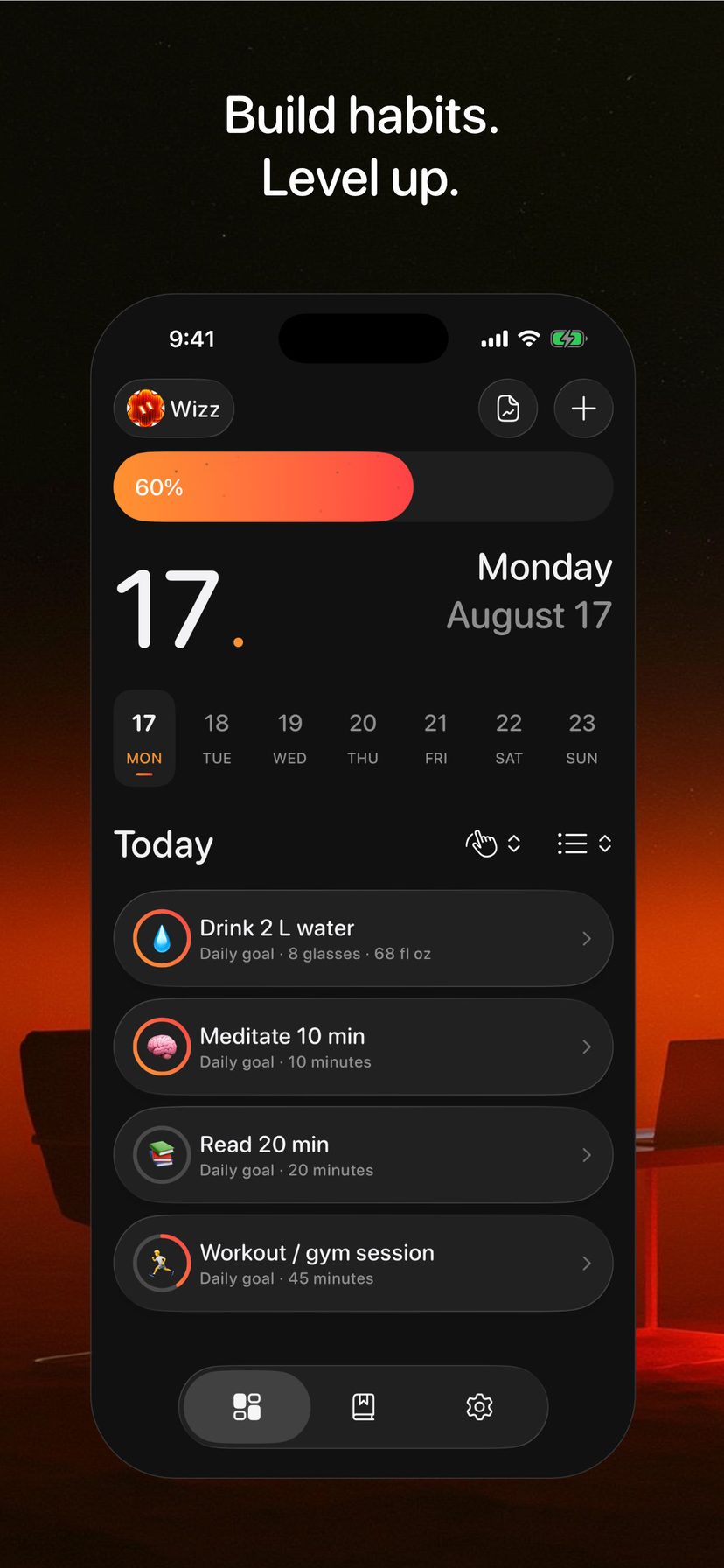 HabitWizz Today — daily habits, streaks, and a progress bar.