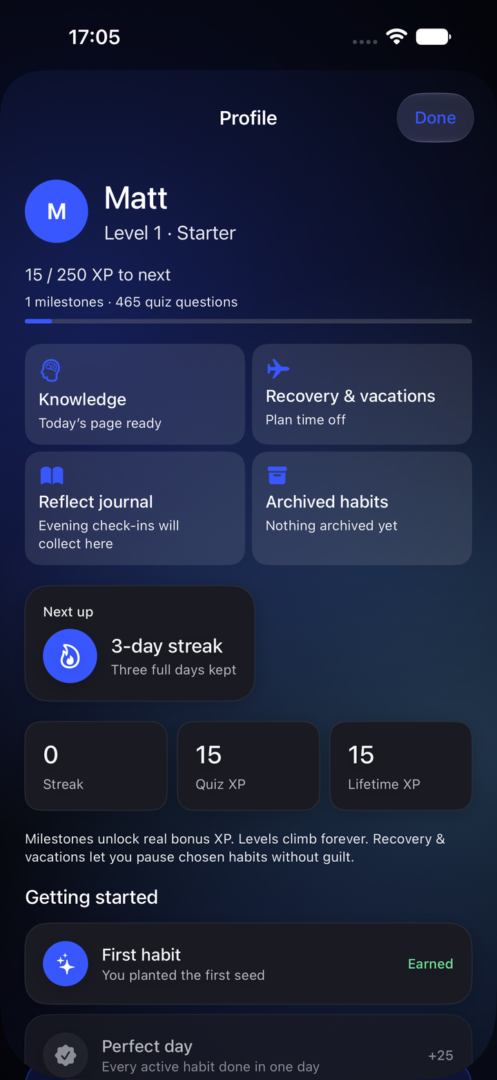 HabitWizz profile showing Level 1 Starter, XP progress, quiz questions and milestone achievements