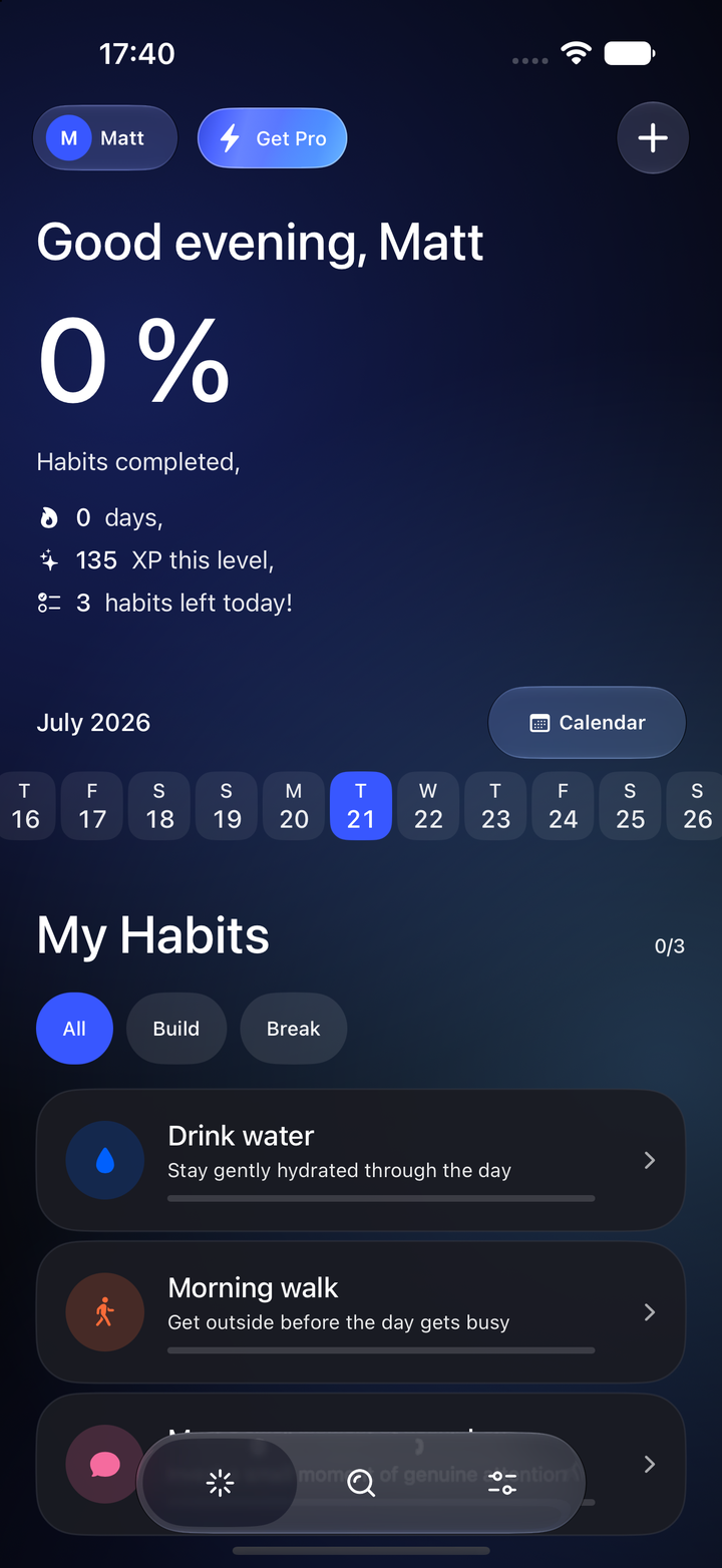 HabitWizz Today screen with a greeting, daily completion percentage, streak, XP and today's habits