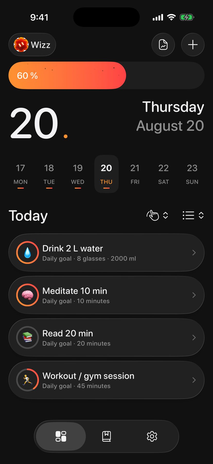 HabitWizz Today in Dark mode, HabitWizz palette.