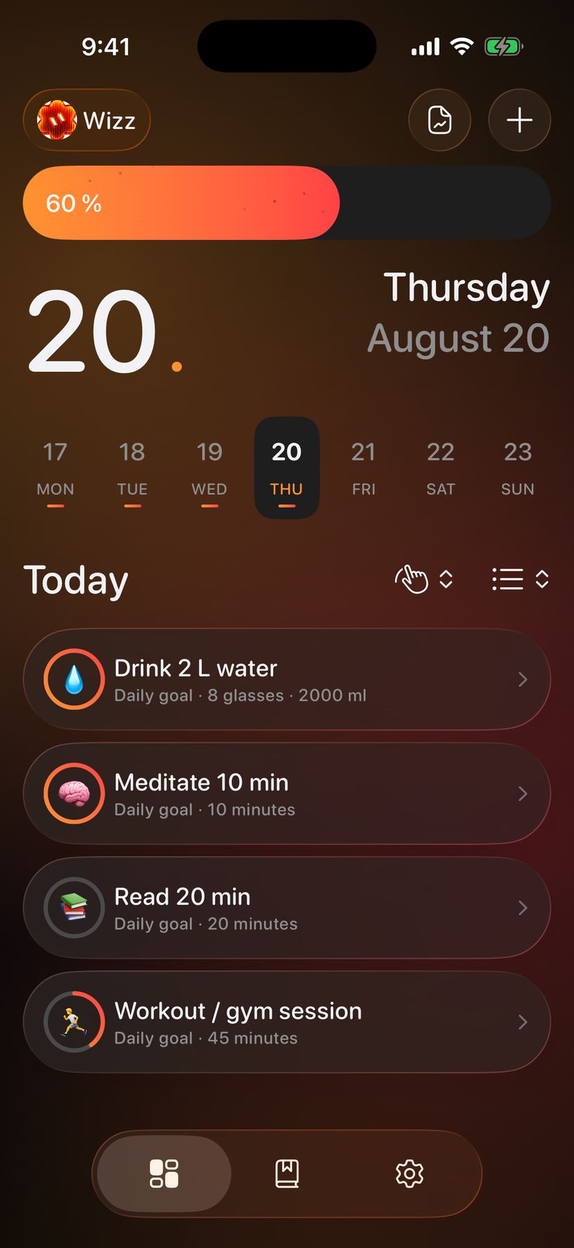 HabitWizz Today in Fluid mode, HabitWizz palette.